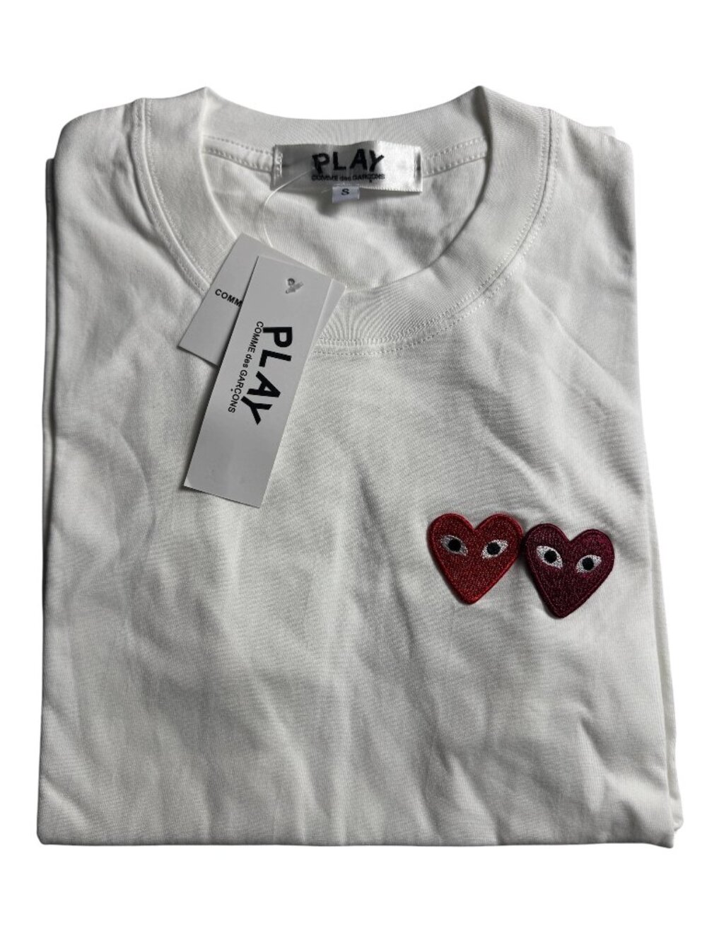 NWT PLAY Comme des Garcons Double Heart T Shirt White Red Embroidered Size S